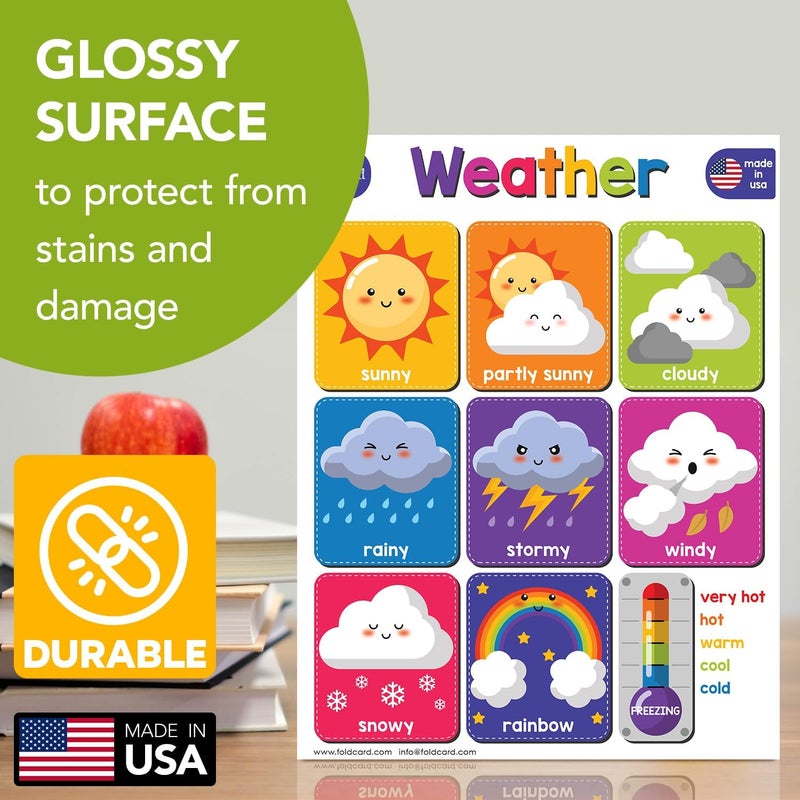 FoldCard Weather Chart for Preschool to Grade 1 Kids – Bright and Colorful Educational Visual/Learning Aid Poster Decoration for Classroom or Home | Glossy Durable Cardstock | 8.5" x 11" | 5 per Pack - Image 3